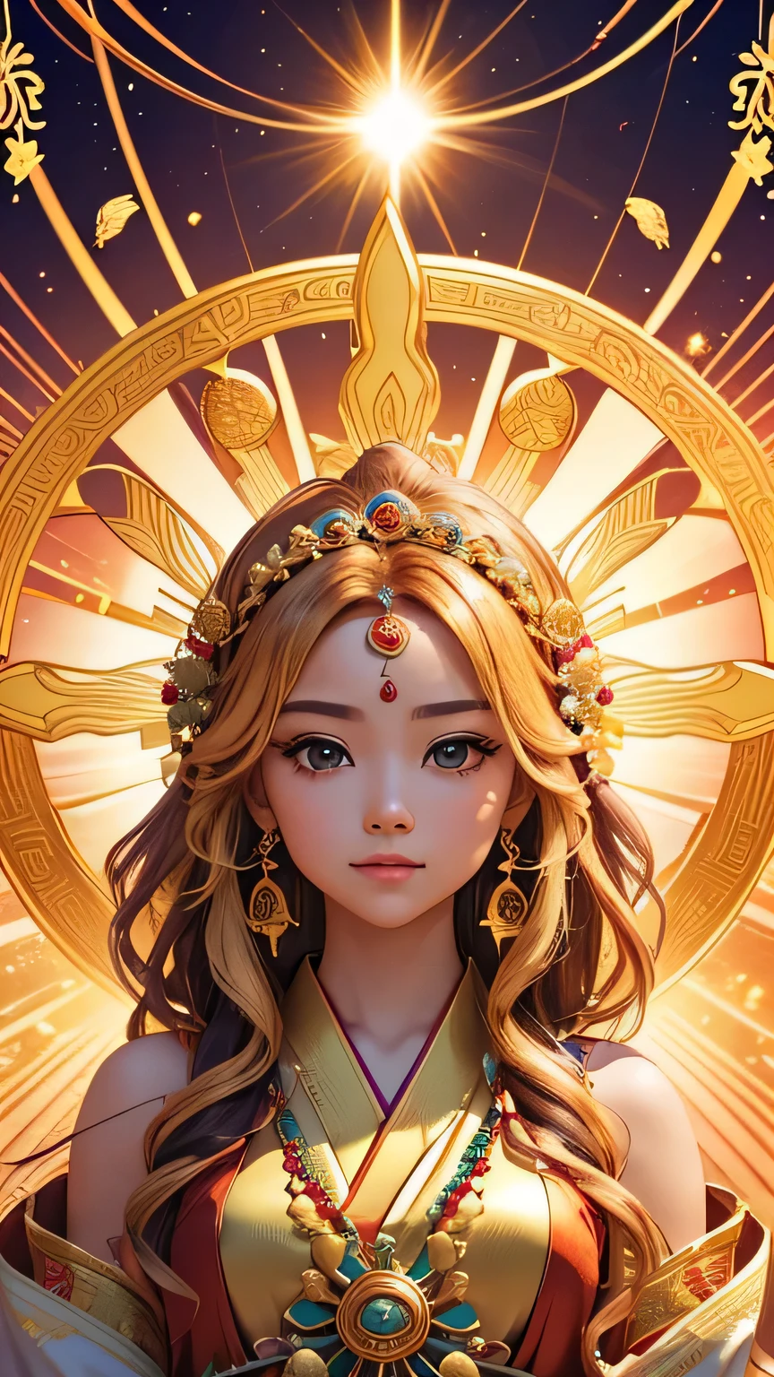 "Child of the Sun, Goddess of Love": Within a sacred sanctuary bathed in sunlight, depict the figure of a sun goddess who governs love, facing forward and emanating divine radiance. She is a , around 3 . Zoom in to focus on her face, with a gleaming orb of light in her hands, representing the life-giving power of the sun. Her hair is shimmering gold, and she is wearing a traditional miko outfit as seen in Japanese shrines. The background should be predominantly gold, evoking a sense of divine splendor, with numerous heart-themed objects expressing the beauty of love. The setting is in heaven, enveloped in soft, bright light, where one can find tranquility and peace of mind, free from any trace of anxiety.