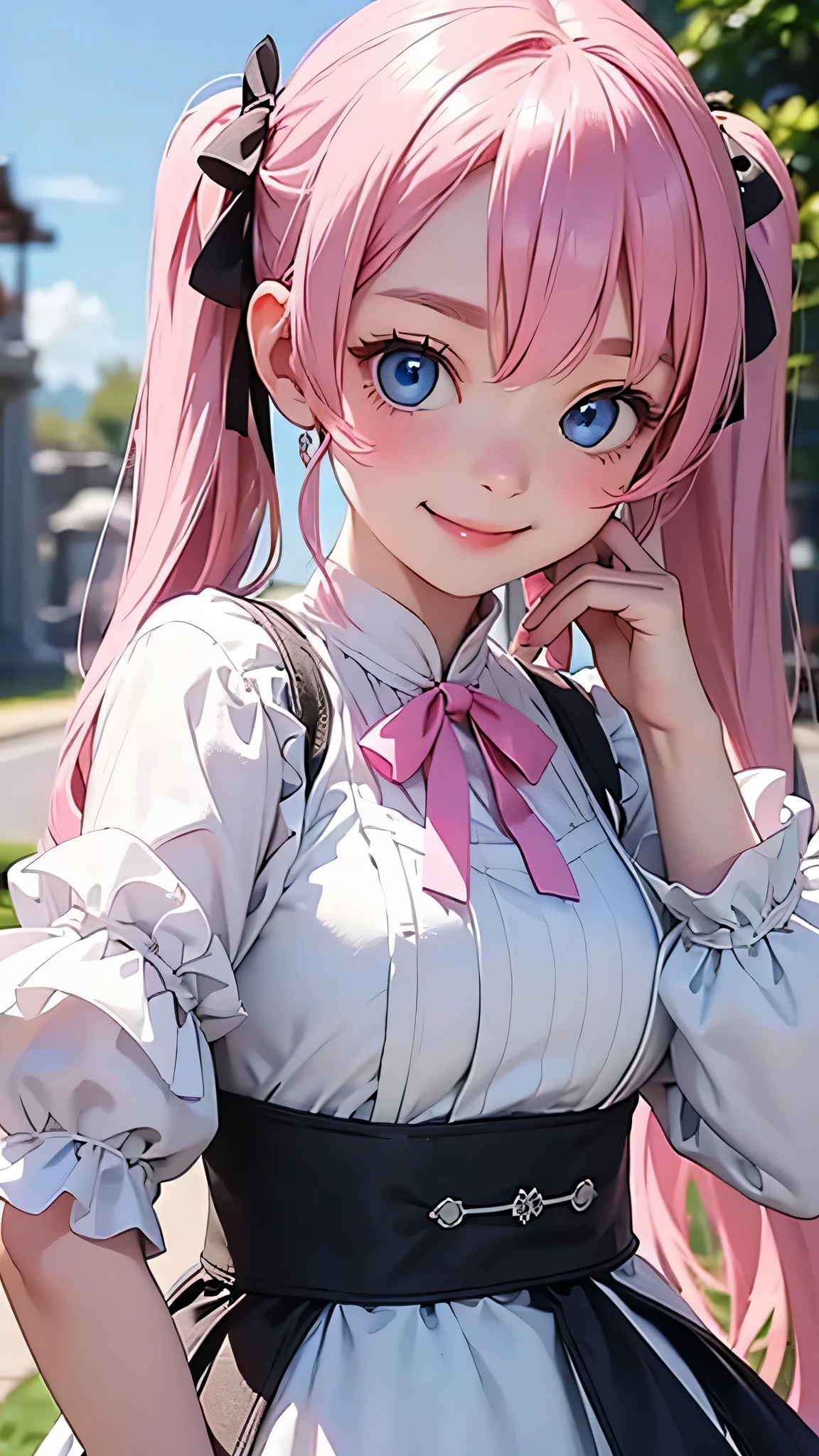 highest quality、Realistic、Women、zoom、cute、Blue eyes、Pink hair、Twin tails、Gothic Lolita、smile、Looking down、smile、Bust Shot、
