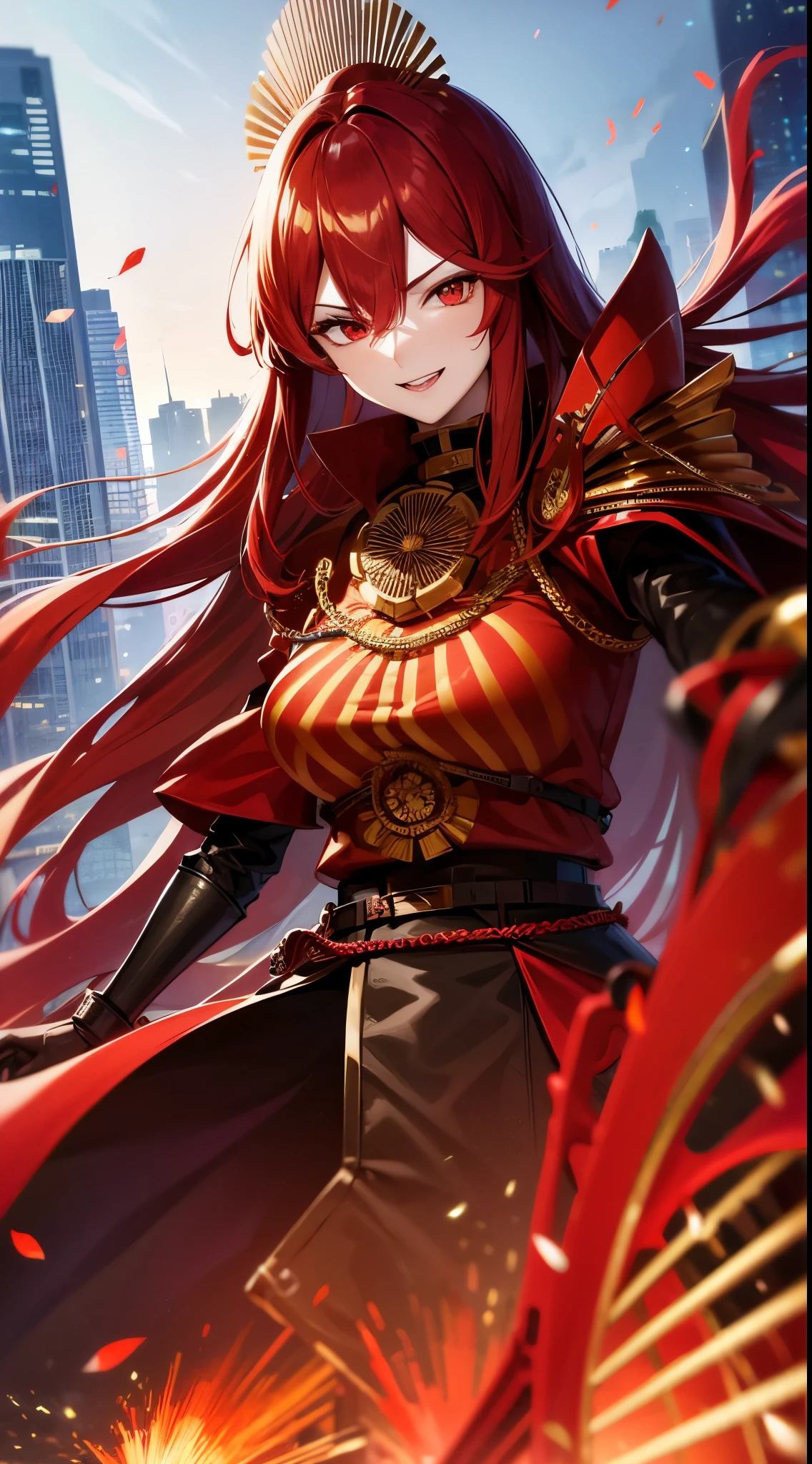 Oda Nobunaga, fate grand order, red hairs, red eyes, red robot armor,  cyberpunked, Skyscrapers, Red Bike, a smile,