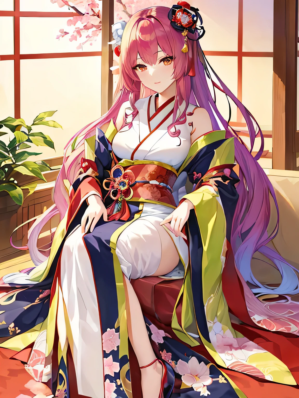 Anime-style woman in a kimono sitting on a sofa, Beautiful Fantasy Empress, ((Beautiful Fantasy Empress)), palace , Girl in Hanfu, Full Body Shanxia, Japanese Goddess, artwork in the style of Gweitz, by ヤン・J, Gweitz on pixiv artstation, Anime Goddess, Gweitz, Enchanting anime girl