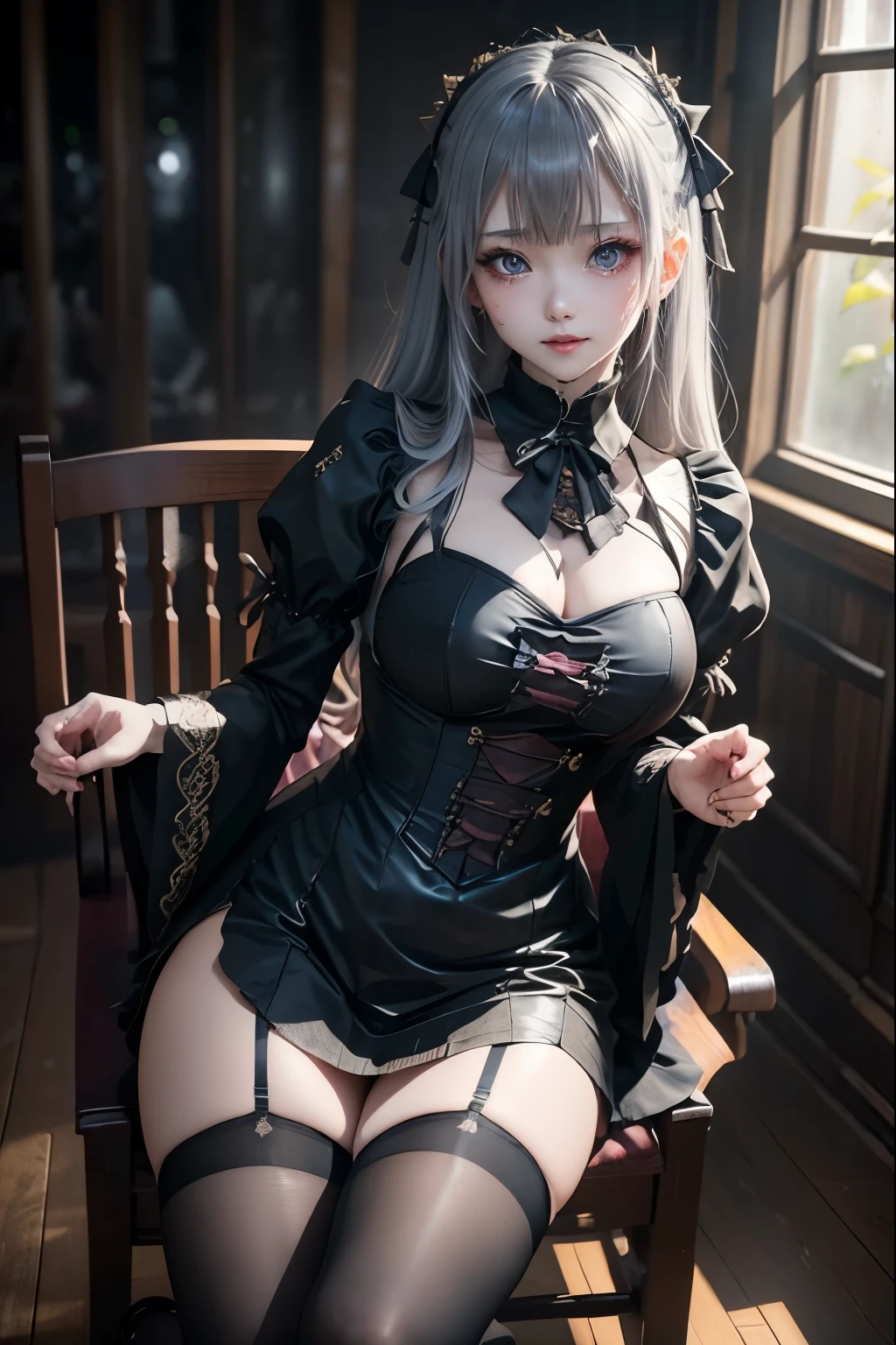 ハードDark Gothicメイク、Deep Night Sky、Horror、Black dark eyeshadow、cry、sad、Good skin radiance、Dark Gothicメイク、Dark smile、palace、24-years-old、Embarrassed look、Dark Gothic、Obscene language、highest quality、Drunk face、紫のMaid clothes、Mysterious、Noble、sexy、Loving smile、Right blue eye, Left eye is red、Platform Heel Shoes、Heavy makeup、Gothic ta Clothing、A little slimmer、Silver Hair、Long Hair Straight Hair、Cute Gothic Loliress、Beautiful Face、elegant features、Fascinating face、Stained glassが背景、Chest glistening with sweat、The room is dark、gothic long dress、Bell Sleeves、Wizard Sleeve、Decadent look、Sexually excited expression、Glossy thighs wet with water、Thighs that are wet and shiny with oil、Background of a room full of roses、The embroidery is pink、The dress has pink embroidery、Thigh-high socks、Knee-high socks、Gentle expression、Dark black eyeshadow、Stained glassと薔薇背景、Female Duo、Female couple、dark church background、Stained glass、Black metal world、Dark Castle、Slender body、Maid clothes、Victorian dresses、Her thighs glisten with sweat、My body is wet and shiny、Lots of glitter on the thighs、sweating、My thighs are sticky from sweating、Sweat glistens on the thighs, The whole body is sweaty and shiny、Quite sweaty、My thighs are sweaty、My thighs are so wet、My thighs are shining with sweat、A lot of sweat glistens all over the body、Small breasts、Orchestra Stage、Dynamic Angle、Sitting in a chair、Gothic chair、Play the violin、With a violin、Press the violin strings、rubbing the violin strings、violinist、Thin thighs、