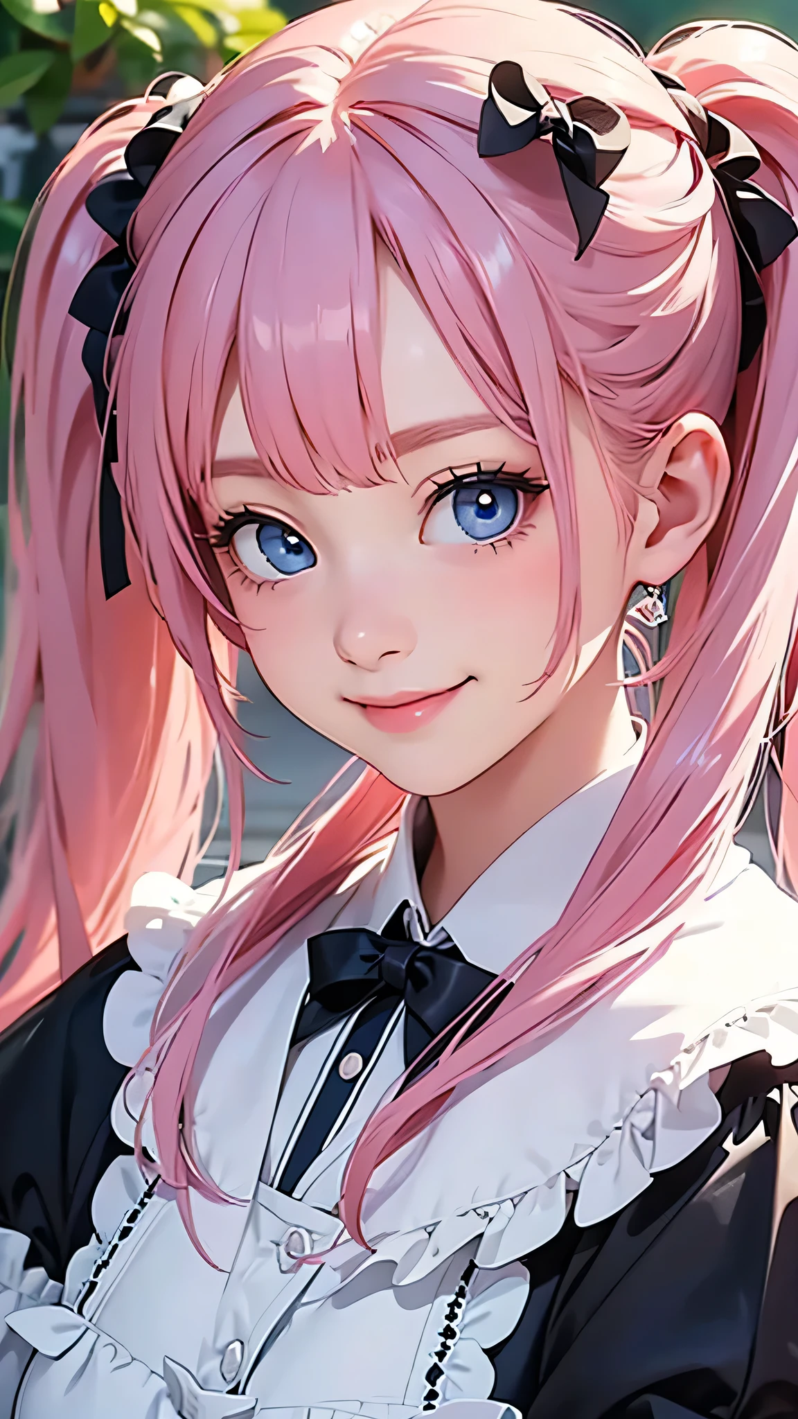 highest quality、Realistic、Women、zoom、cute、Blue eyes、Pink hair、Twin tails、Gothic ta、smile、Looking down、smile、Bust Shot、