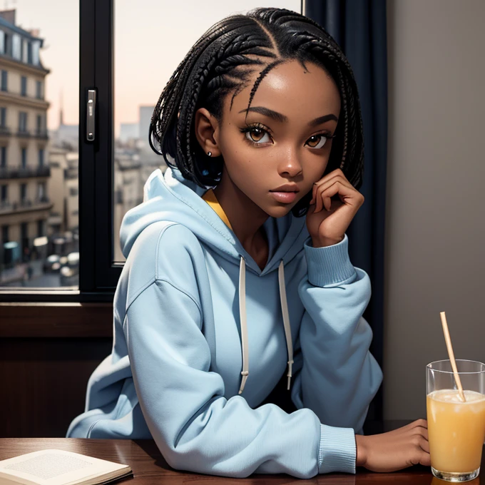 (masterpiece, best quality), deep ebony 1girl, beautiful face, short braids black and yellow, bedroom background ,nice Paris city view through the window ,cute, street clothing, beautify, Lofi vibe, cute night vibe, concentrated, sitting, city wear, book over the table, hands outside of the picture, wearing a hoodie, light blue hoodie and white trousers, night sky