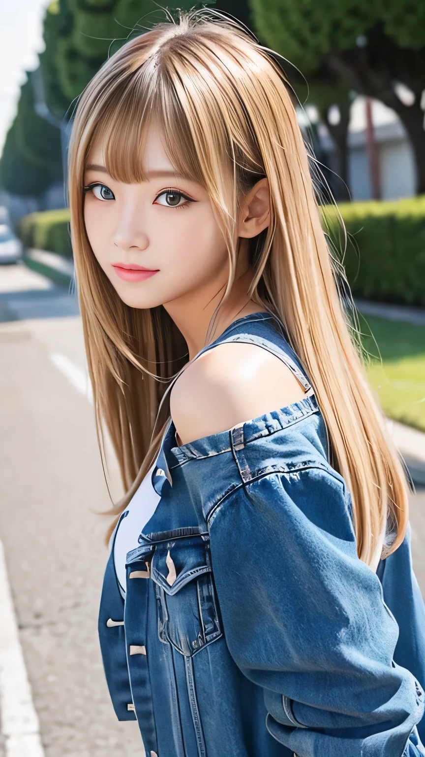 Sexy big 、14 years old beautiful girl sexy and cute looks and cute, Beautiful and sexy face、A strong wind blows my hair in front of my face、Long, metallic blonde straight hair、Beautiful, cute and sexy eyes hidden behind long bangs。、Wavy Hair