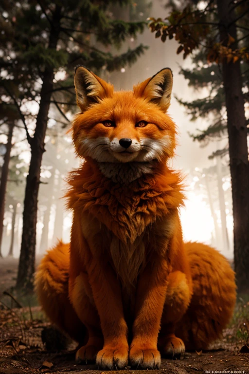 Anthropomorphic orange-furred fox with orange eyes with nine tails with a pearl floating around the background of a foggy forest