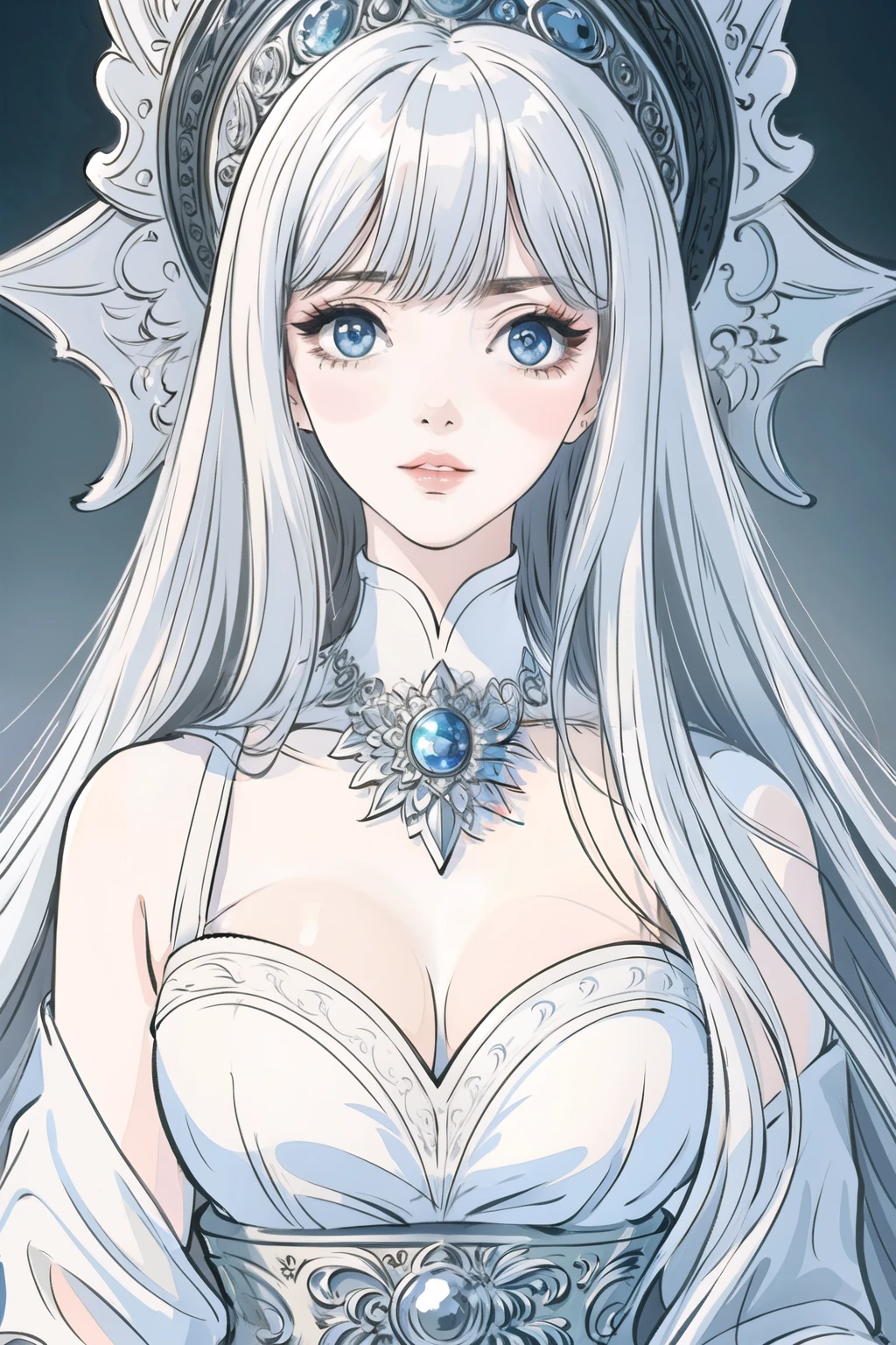 Unparalleled masterpiece, surreal 8K, perfect artwork, super detailed, best quality, masterpiece 4K wallpaper aesthetics, masterpiece, award winning artwork, official art, cinematic lighting. (Masterpiece: 1.3), (Best Quality: 1.1). ((1 girl)), (fine eyes and detailed face: 1.3), sexy pose, detailed lips, fine facial details, gorgeous costume, divine image, platinum trim, lustrous hair, delicate hair trim, Sunlight, imposing, majestic and vast, white palaces white castles surrounded by fog.