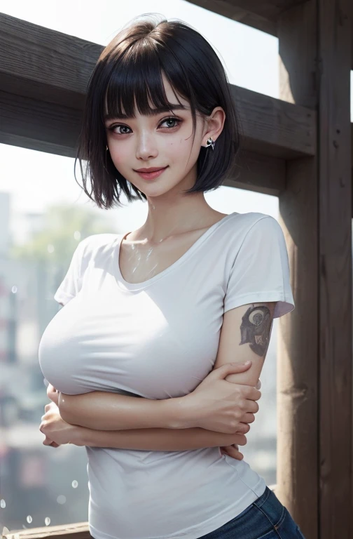 masterpiece、best quality、Ultra-high resolution、(Photorealism:1.4)、((1 Girl、fair skin:1.4、Looking at the audience、18 years old、Spotless、a delicate face、Shiny face、skin shiny、shiny skin、Black、beaver_cut、Short hair with bangs、Large Breasts))、(Chest、Exposing breasts、Punk white t-shirt、tight t-shirt、 T-shirt wet、Not worn、Not worn、Punk Girl)、(a smile、happiness、joy、Lively、Shut up)、(Hold your breasts between your arms and pull your nipples closer)、Highly detailed eyes、Long Neck、(((Short hair with bangs)))、eyelash、big eyes、((very beautiful、very beautiful))、(((Natural sunlight、Stretch out your ears、Staring at the audience、attract the audience、Breast bursting、Bright spots in the eyes)))