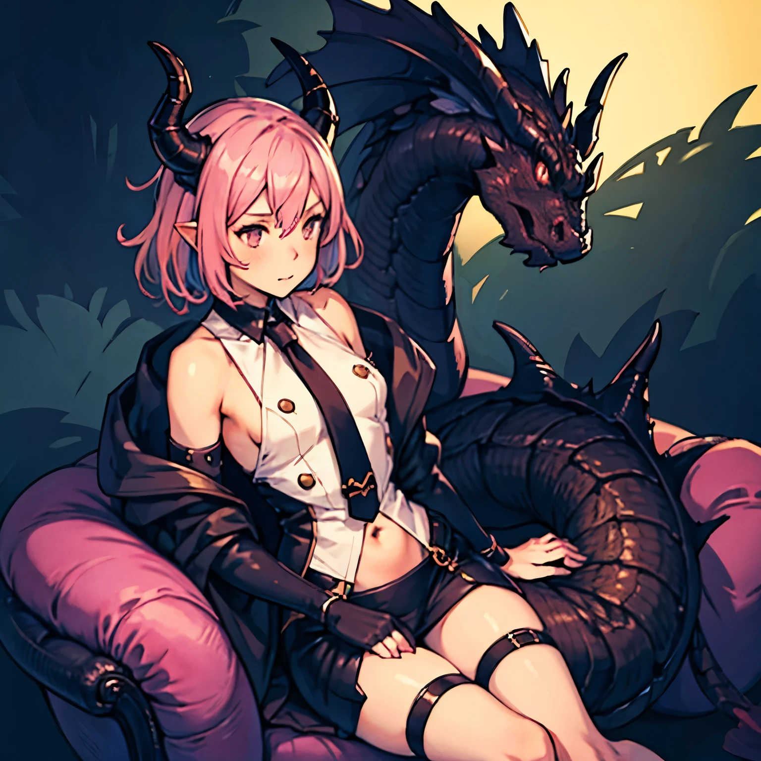 male femboy with pink hair and dragon horns alone