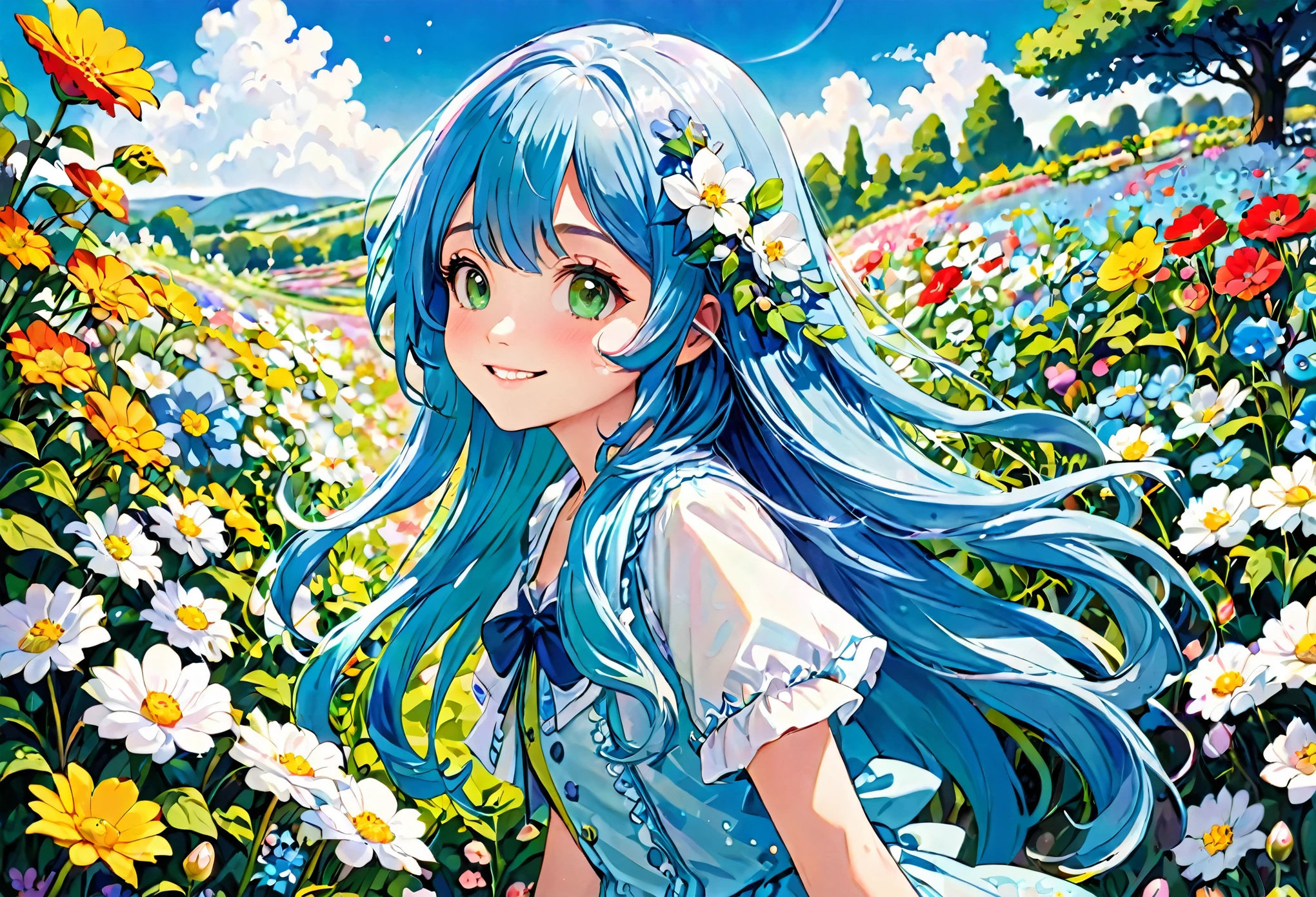 (High resolution、Very detailed、Hmph、movie)、alone、1 girl、happiness、Girl Standing In ラベンダーFlower Garden、Girl around the petals、Cute Smile、Esbian all over、Girl with long blue hair、Light blueの髪、Look forward、Fantasy、Official Art、Pop Art、profile、Very detailedな顔、Very detailedな目、Flower Garden、Ultra Detailed Fields、White blue sky、 Light blue、Blanche、Nebula in the sky、Fresh green scenery、Watercolor、pastel colour