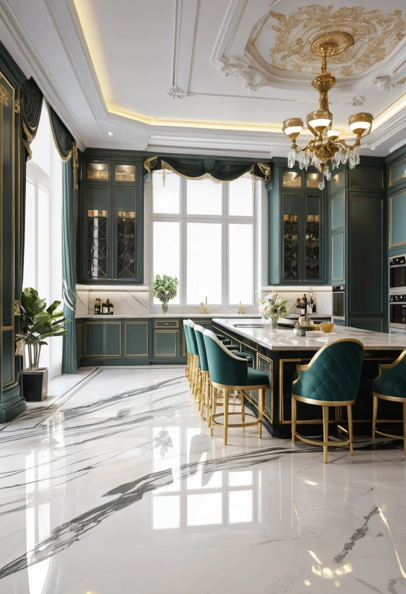 masterpiece, modern kitchen space, luxurious, aristocratic interior design, royal space, ((super detail :1.3))), neoclassical style design, neoclassical interior Modern blend, kitchen interior space with tables and chairs, kitchen details, luxurious aristocratic neoclassical kitchen inside, luxurious marble kitchen floor, kitchen interior, in a kitchen summer morning, island table, starbucks interior illustration, white, gray glossy floor ((1.2)), people sitting in cafe and serving staff (((1.3)))