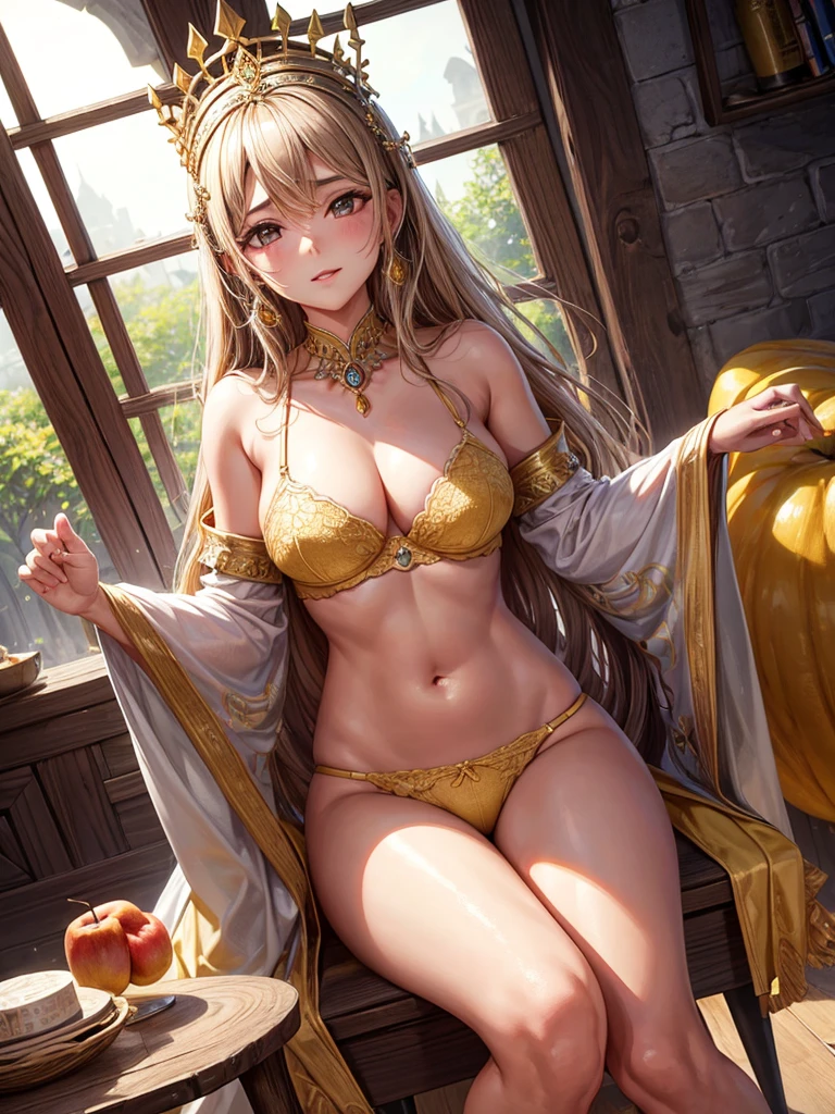 Mujer hermosa, alada, ropa ajustada al cuerpo, lanza dorada, fondo palacio estelar. lingerie, manzanas. Sentada en un trono. Pezones erectos