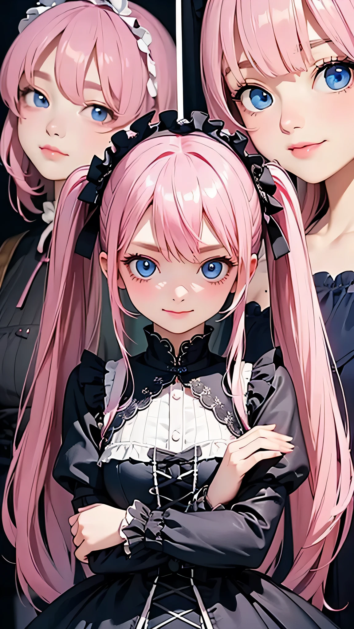 highest quality、Realistic、Women、zoom、cute、Blue eyes、Pink hair、Twin tails、Gothic Lolita、Glare、Looking down、smile、Bust Shot、Arms crossed、