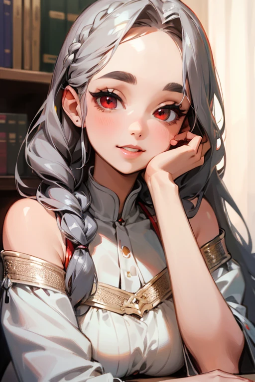(highest quality, masterpiece:1.2), High resolution, 最高masterpiece、Very detailed, Realistic:1.37, Fantasy, An illustration,Gray Hair、 Red eyes、Queen, White Dress、beautifully、Eyeshadow Red、Thick eyebrows、Long eyelashes、pupils are black、shiny on the lips、Top Sites、Queen、Princess、A kind smile、Show your teeth a little and smile、Soft impression、people々Loved by、Slimming the face、Shoulder Bare、Sexy braids、Kissing Face、White long hair、Refers to 4 books、One thumb、、Woman's finger、