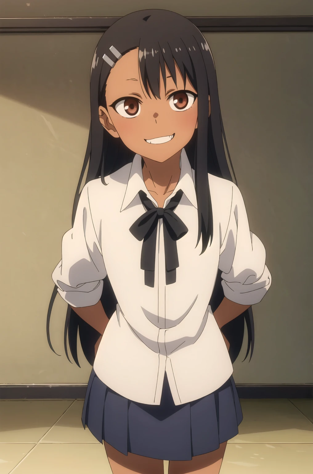 (Extremely detailed CG unity 8k wallpaper), (masterpiece), (best quality), (Extremely detailed), (Best Illustration), (The best shadow), (absurd), 1 Girl, Solitary, Upright face, Perfect eyes,,Hayase Nagatoro, Hair accessories, Brown eyes, Hairpin, shirt,dark skin, Black Hair, long hair, Evil smile, Put your hands behind your back, Lean forward , Leather Teeth, skirt