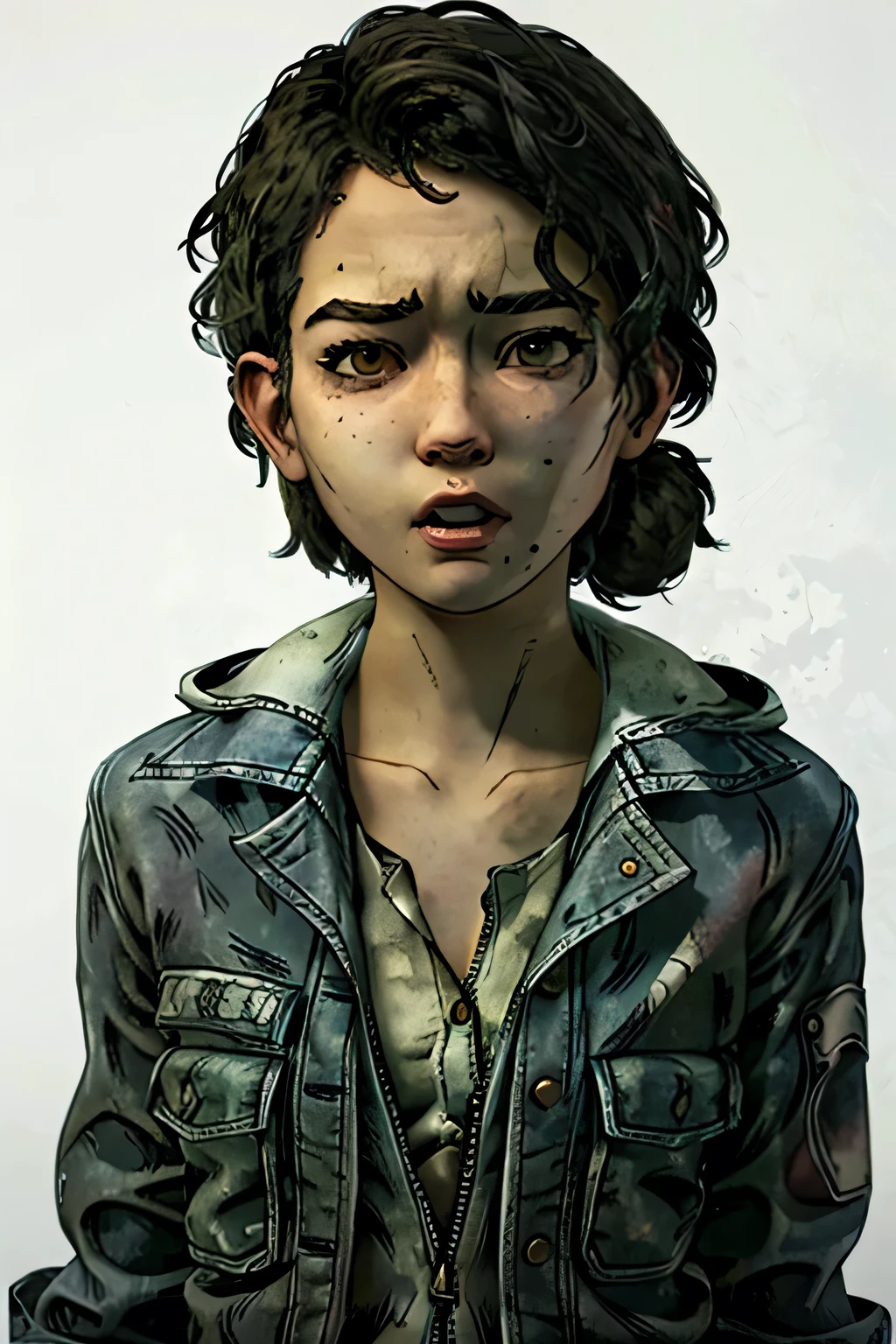 (masterpiece, best quality), 1girl, ClemTWD, solo, male focus, head tilted down, death stare, open mouth, brown hair, brown eyes, freckles, looking at viewer, short hair, mad, angry, frown, teeth, scold, dirt, the walking dead game style, blank white background