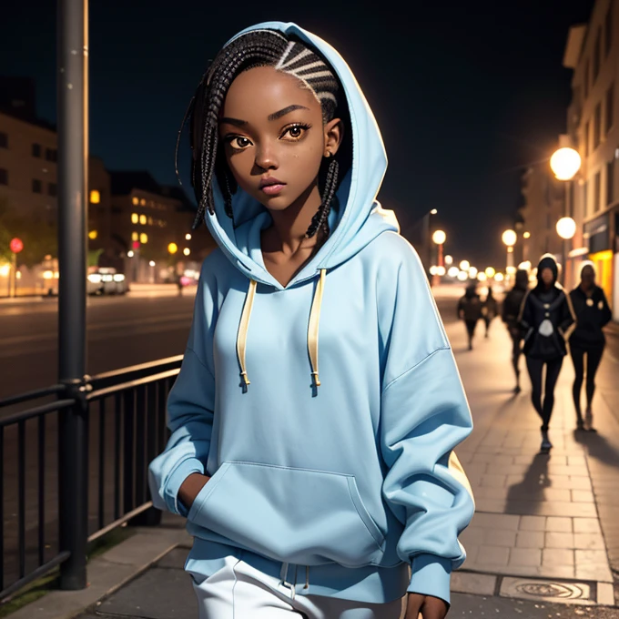 (masterpiece, best quality), deep ebony 1girl, beautiful face, short braids black and yellow, city park background ,walking by the river ,cute, street clothing, beautify, Lofi vibe, cute night vibe, concentrated, city wear, hands outside of the picture, wearing a hoodie, light blue hoodie and white trousers, night sky