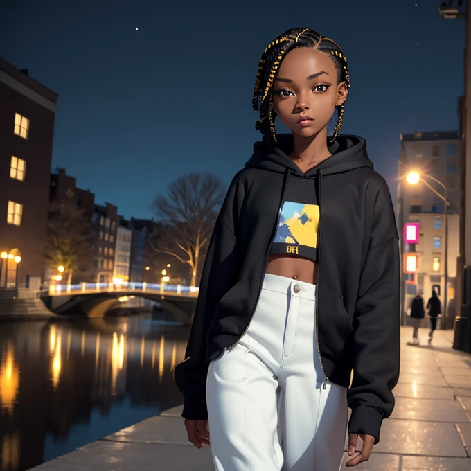 (masterpiece, best quality), deep ebony 1girl, beautiful face, short braids black and yellow, city park background ,walking by the river ,cute, street clothing, beautify, Lofi vibe, cute night vibe, concentrated, city wear, hands outside of the picture, wearing a hoodie, light blue hoodie and white trousers,  night sky