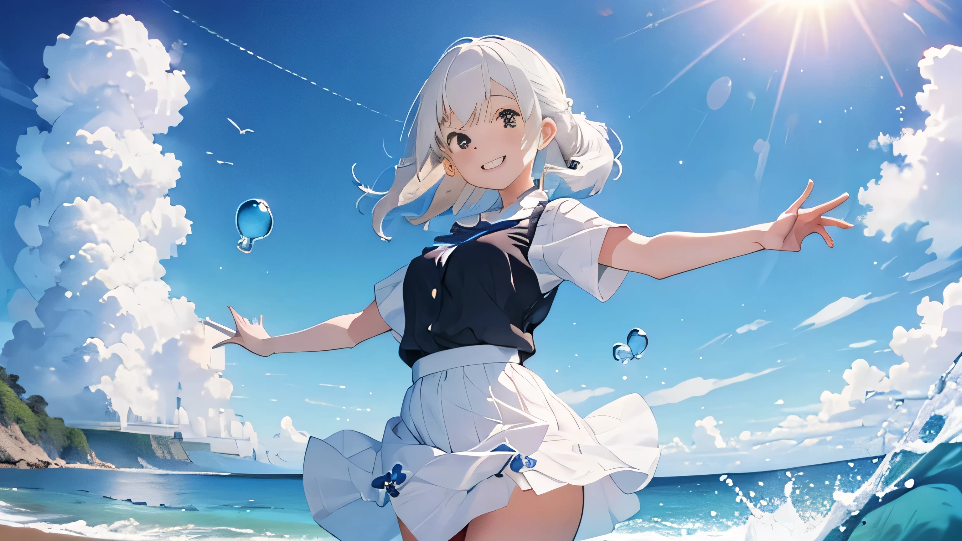 Anime girl in a short skirt and a black top standing on a beach - SeaArt AI