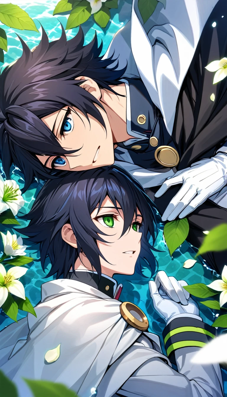 Ultra detailed, highres, absurdres, HDR, Mika Hyakuya, blue eyes, wavy blond hair, Yuu Hyakuya, black hair, green eyes, Owari No Seraph, flowers, petals, green leaves, water, two man together, gay couple, handsome, cape, white gloves, white clothes, very detailed face and eyes,