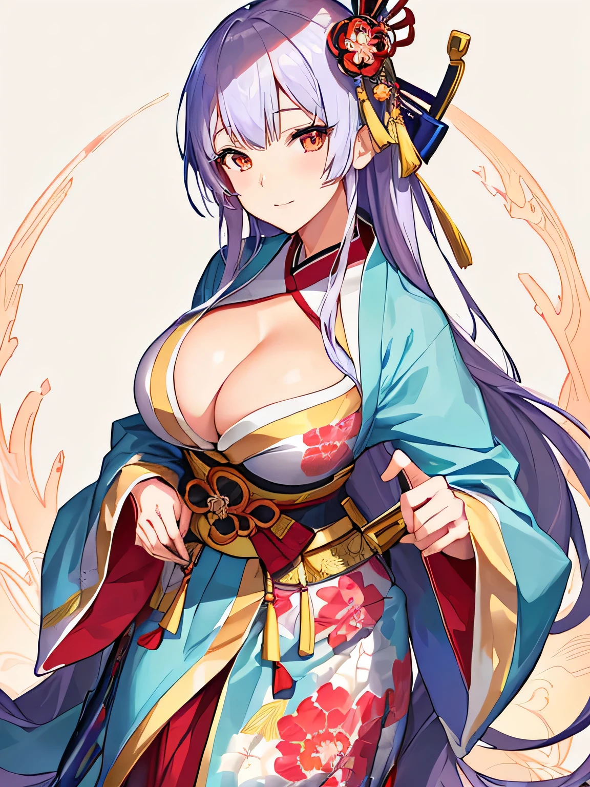 Anime-style illustration of a woman wearing a kimono and holding a sword, Japanese Goddess, artwork in the style of Gweitz, Highly detailed art gems, by ヤン・J, have large breasts, Gweitz on artstation pixiv, Gweitz on pixiv artstation, Enchanting anime girl, Gweitz, have large breasts