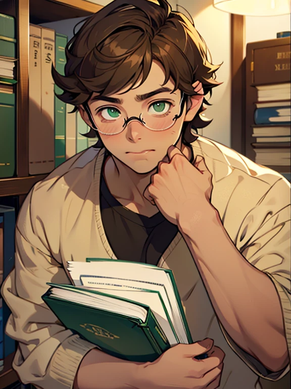 Cute, nerdy boy, brown hair, delicate face, beautiful face, shy expression and flushed cheeks, green eyes, delicate mouth, strong body, musculous body. He's wearing round glasses, nerdy clothes, holding books. Scene, teenager's room