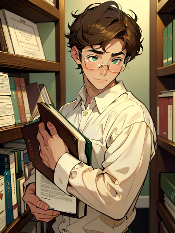 Cute, nerdy boy, brown hair, delicate face, beautiful face, shy expression and flushed cheeks, green eyes, delicate mouth, strong body, musculous body. He's wearing round glasses, nerdy clothes, holding books. Scene, teenager's room