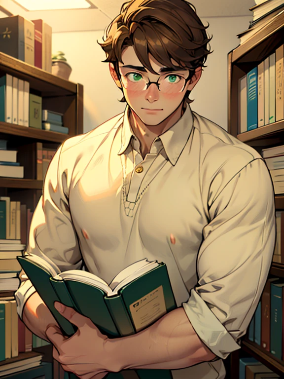 Cute, nerdy boy, brown hair, delicate face, beautiful face, shy expression and flushed cheeks, green eyes, delicate mouth, strong body, musculous body. He's wearing round glasses, nerdy clothes, holding books. Scene, teenager's room