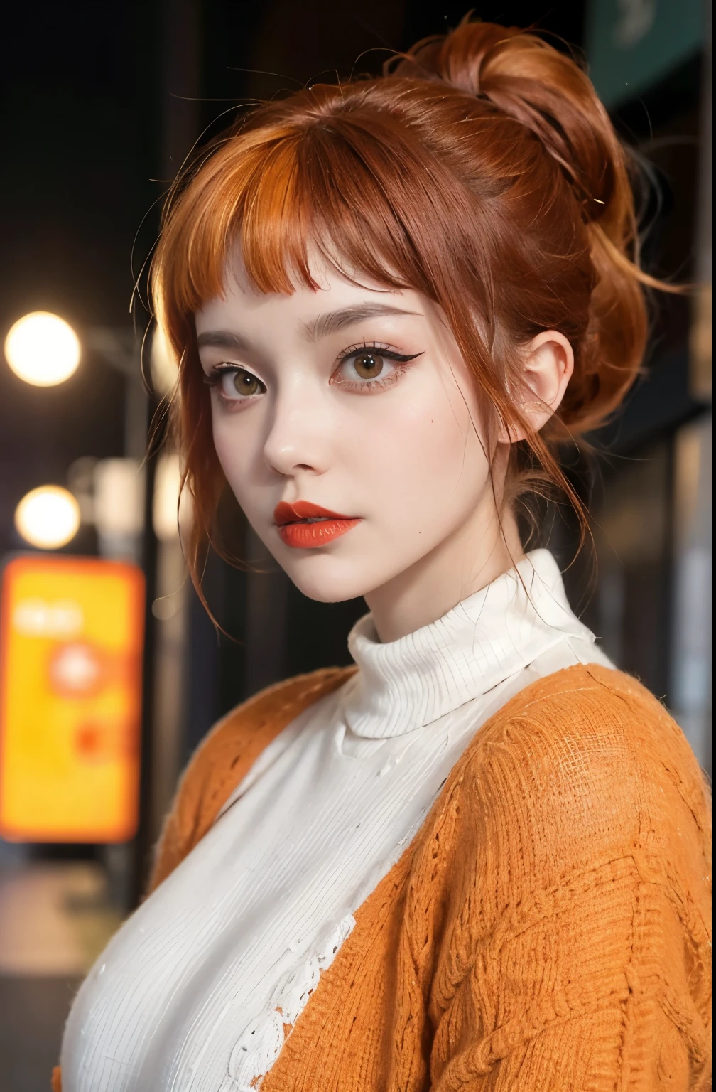 woman, microbangs, red lips, bright orange hair, glam punk, white sweater, ponytail, outdoors, long sides