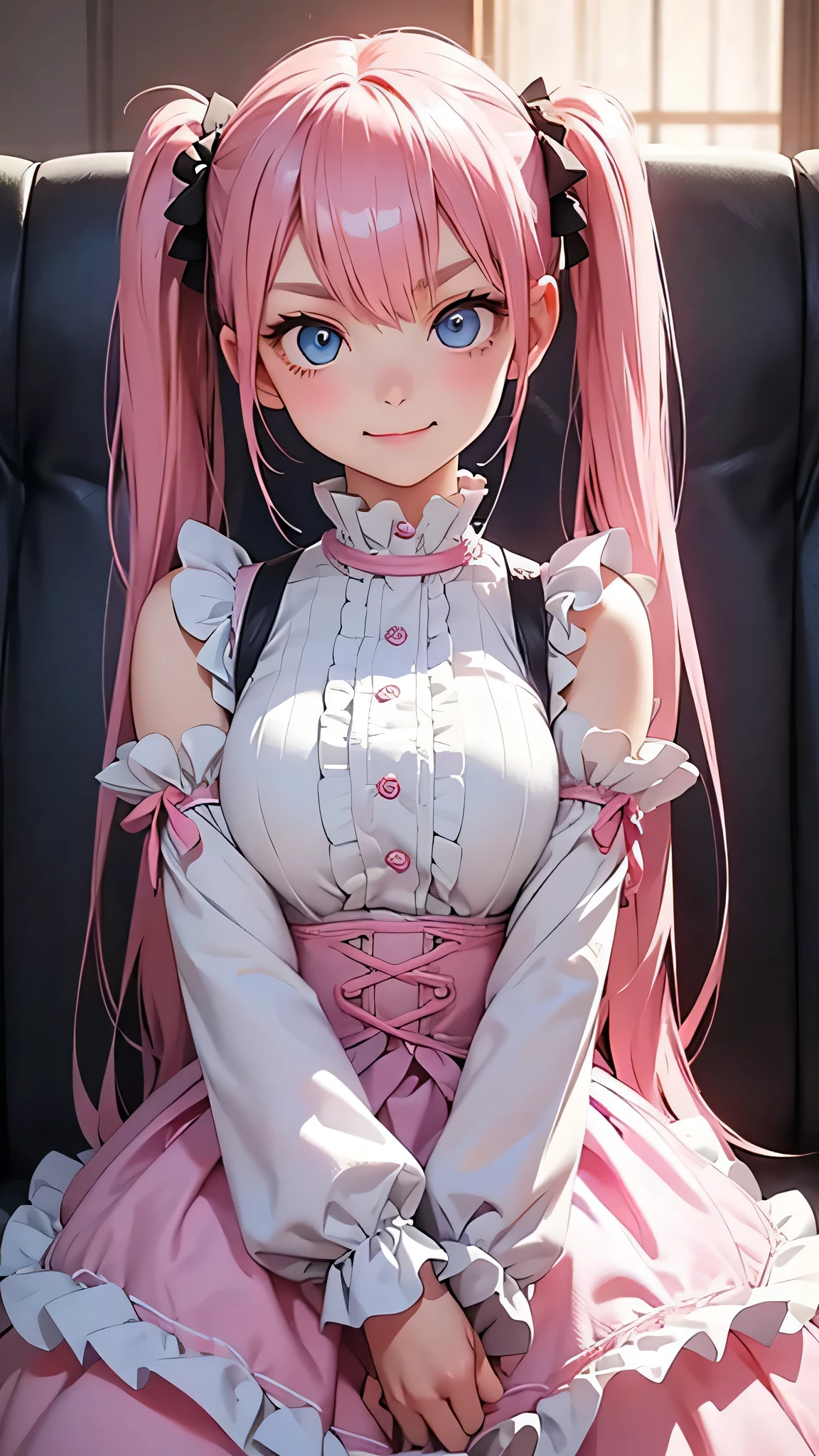 highest quality、Realistic、Women、zoom、cute、Blue eyes、Pink hair、Twin tails、Gothic Lolita、Glare、Get angry、Looking down、smile、Bust Shot、Arms crossed、