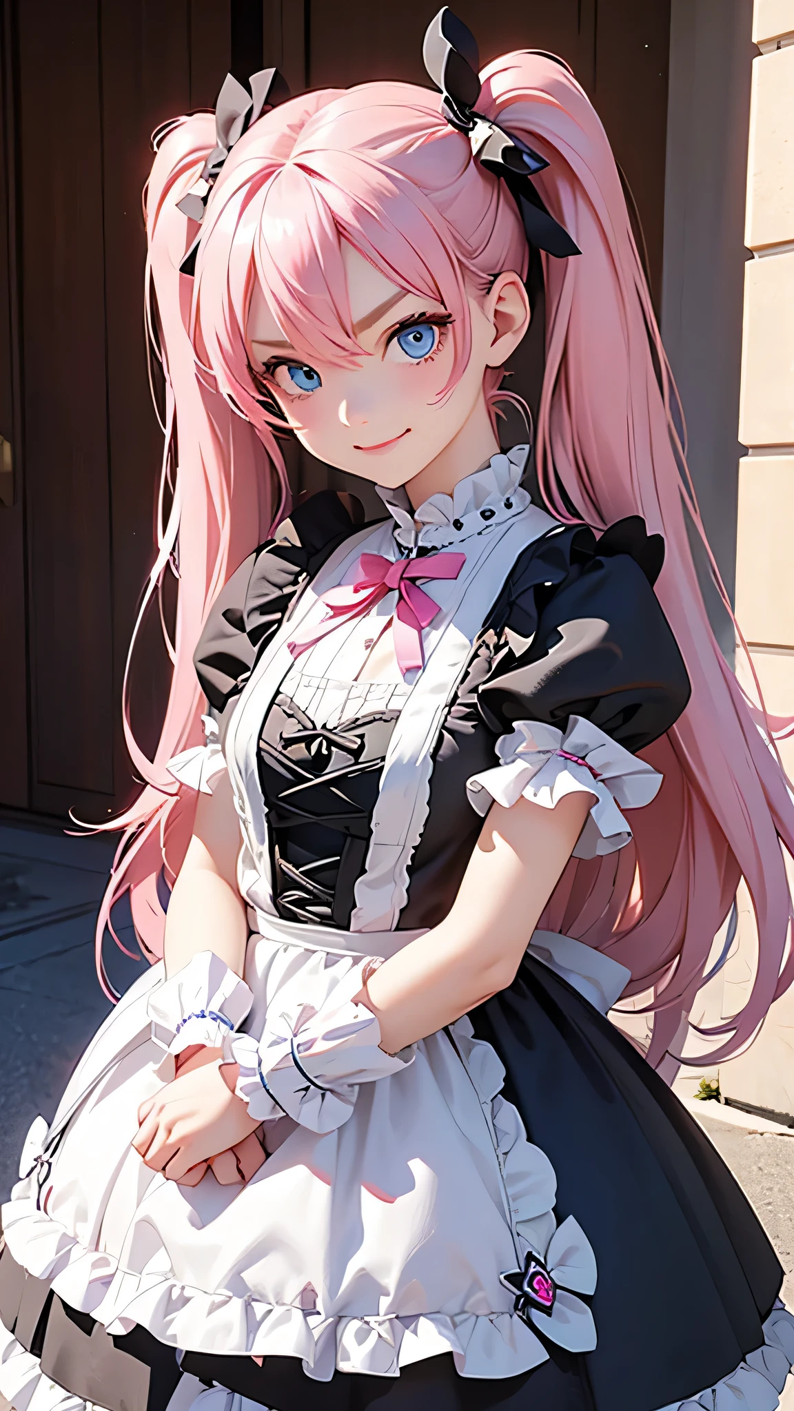 highest quality、Realistic、Women、zoom、cute、Blue eyes、Pink hair、Twin tails、Gothic Lolita、Glare、Get angry、Looking down、smile、Bust Shot、Arms crossed、