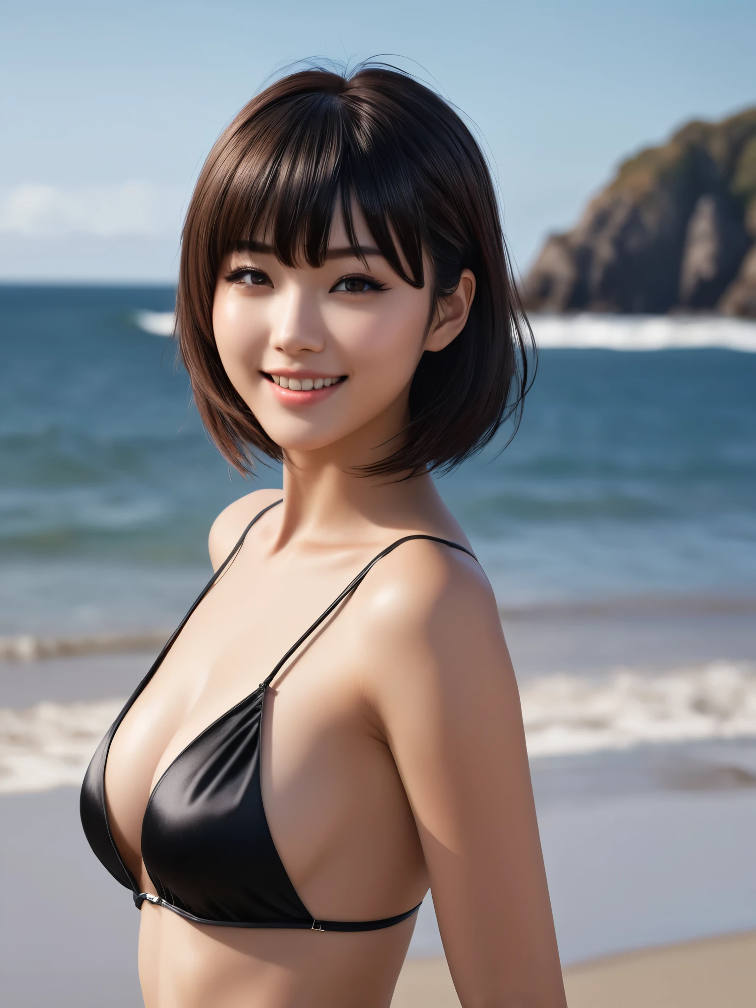 product quality, 1girl, full body shot, composition looking subject up from below, a Japanese young pretty woman, hyper pretty face, short hair, standing on a beach with a smile, shiny satin black micro bikini, busty, wet body, glossy lips, glamorous figure, double eyelids in both eyes, natural makeup, long eyelashes, shiny smooth light brown hair, asymmetrical bangs, fair skin, central image, high resolution, high detail, detailed hairstyle, detailed face, spectacular cinematic lighting, octane rendering, vibrant, hyper realistic, perfect limbs, perfect anatomy
