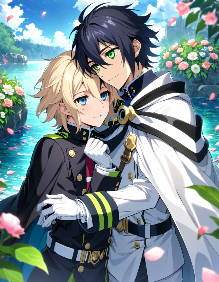 Ultra detailed, highres, absurdres, HDR, Mika Hyakuya, blue eyes, wavy blond hair, Yuu Hyakuya, black hair, green eyes, Owari No Seraph, flowers, petals, green leaves, water, two man together, gay couple, handsome, cape, white gloves, white clothes, very detailed face and eyes, happy,