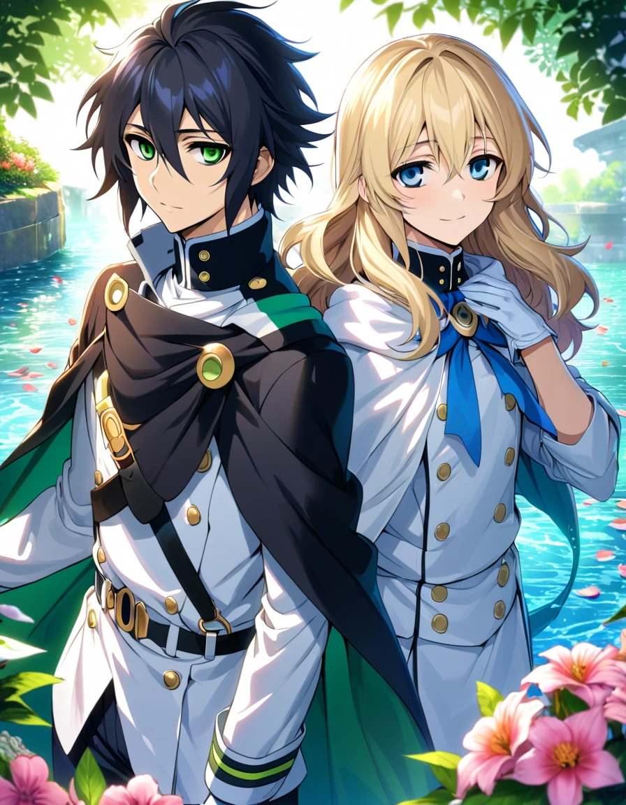 Ultra detailed, highres, absurdres, HDR, Mika Hyakuya, blue eyes, wavy blond hair, Yuu Hyakuya, black hair, green eyes, Owari No Seraph, flowers, petals, green leaves, water, two man together, gay couple, handsome, cape, white gloves, white clothes, very detailed face and eyes, happy,