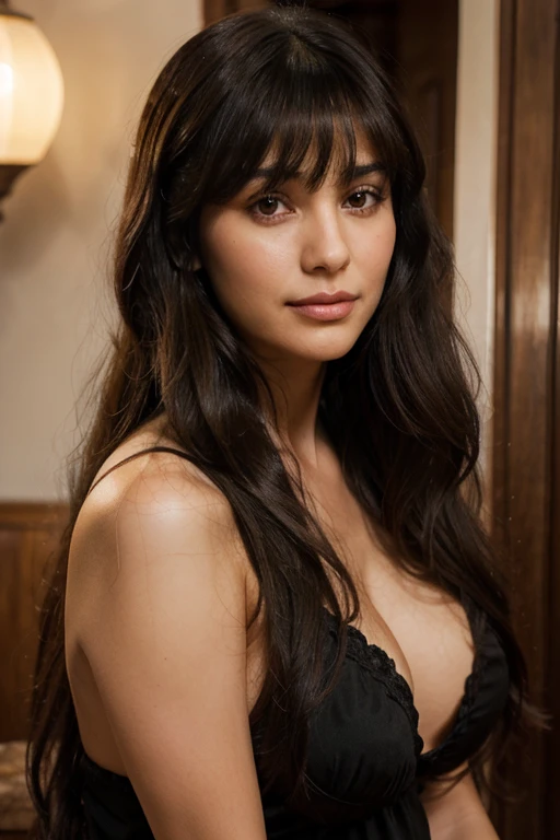 Tall, middle aged, light brunette, long black hair with wavy bangs, dark brown eyes, dimple on the cheek, well-defined mouth, Moroccan