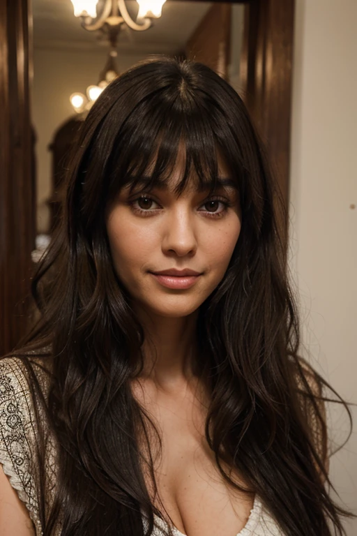Tall, middle aged, light brunette, long black hair with wavy bangs, dark brown eyes, dimple on the cheek, well-defined mouth, Moroccan