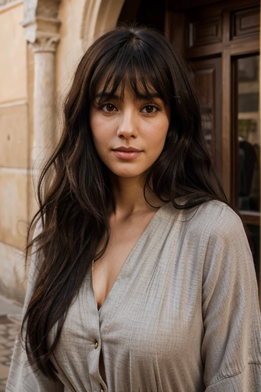 Tall, middle aged, light brunette, long black hair with wavy bangs, dark brown eyes, dimple on the cheek, well-defined mouth, Moroccan