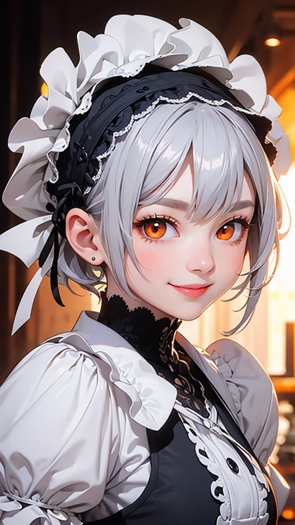 highest quality、Realistic、Women、zoom、cute、Orange Eyes、Silver Hair、short hair、Gothic ta、smile、Looking down、smile、Bust Shot、