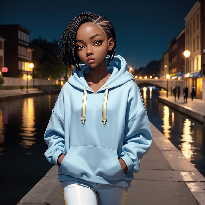 (masterpiece, best quality), deep ebony 1girl, beautiful face, short braids black and yellow, walking by the river , nature background, cute, street clothing, beautify, Lofi vibe, cute night vibe, concentrated, city wear, hands outside of the picture, wearing a hoodie, light blue hoodie and white trousers, night sky, looking cool