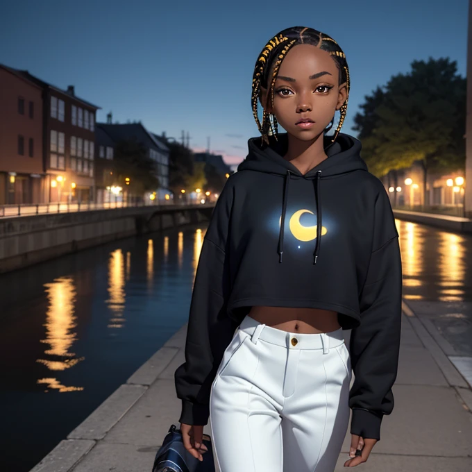 (masterpiece, best quality), deep ebony 1girl, beautiful face, short braids black and yellow, walking by the river , nature background, cute, street clothing, beautify, Lofi vibe, cute night vibe, concentrated, city wear, hands outside of the picture, wearing a hoodie, light blue hoodie and white trousers, night sky, looking cool