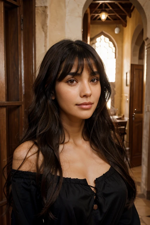 Tall, older, light brunette, long black hair with wavy bangs, dark brown eyes, dimple on the cheek, well-defined mouth, Moroccan