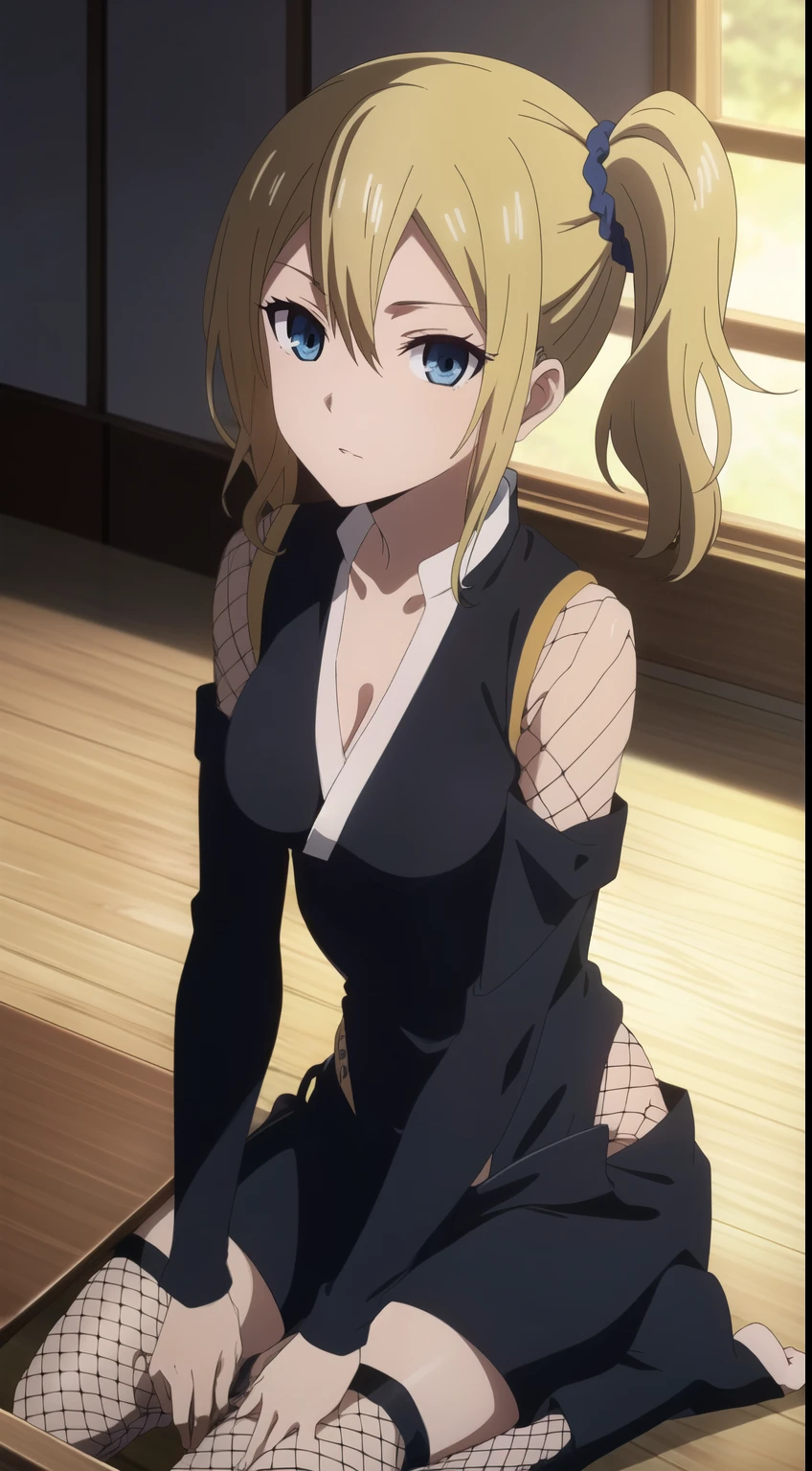 hayasaka,blonde hair, blue eyes, hair Scrunchie, side ponytail, Scrunchie, 1 girl, hair ornaments,alone, hair between eyes,(ninja:1.3),(fishnet-bodysuit:1.3), bare shoulders, detached sleeves, cleavage,thighhighs,ponytail, (red ribbon:1.2),(ninja sword:1.3),
beautiful Finger,beautiful long legs,Beautiful body,beautiful character design, perfect eyes, Perfect face,expressive eyes, looking at the viewer, Appear on knees,sexy pose,in the center of the image, official art,High Definition CG Unity, Perfect lit, bright_front_face_lit, (table top:1.0),(Highest_quality:1.0),4k,Super detailed, photograph, 8K, nffsw, High resolution, absurd:1.2, kodak portrait 400, film grain, Lens flare, (lively_color:1.2) (beautiful,medium breasts:1.4), (beautiful_face:1.3),(narrow_waist),