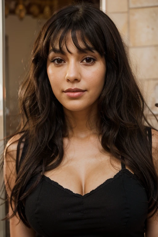 Tall, older, light brunette, long black hair with curly bangs, dark brown eyes, dimple on the cheek, well-defined mouth, Moroccan