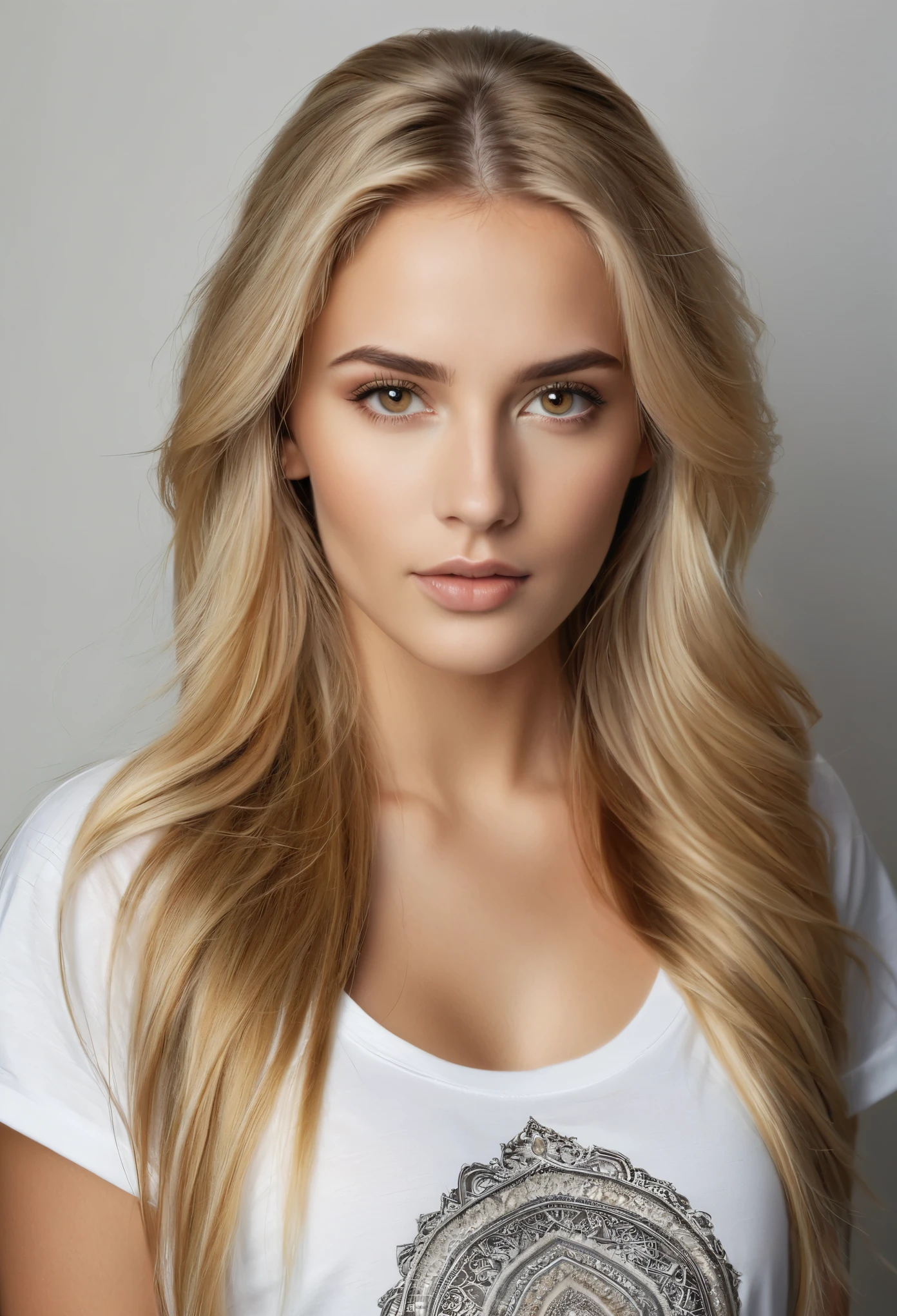 Portrait of a stunning woman with piercing brown eyes and long flowing blonde hair, wearing T-shirt, realistic, intricate details in the clothing and facial features, studio lighting to enhance the depth and realism of the image