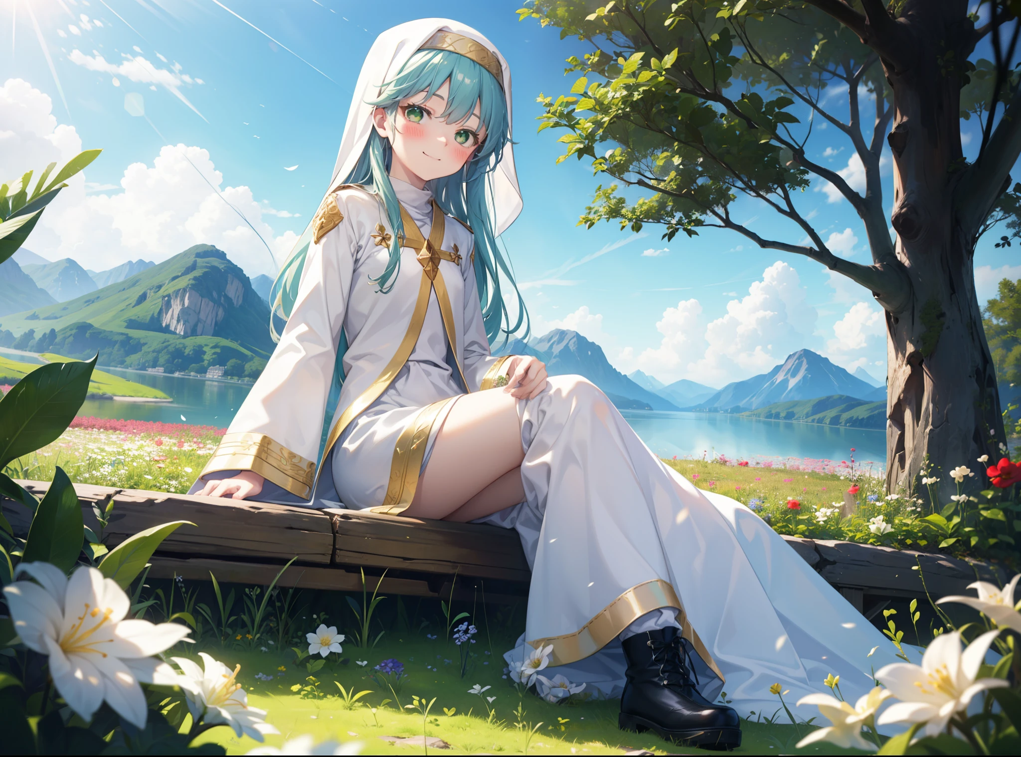 index, index, (Green Eyes:1.5), Blue Hair, Long Hair, (Flat Chest:1.2),
break habit, Long sleeve, Robe,白色Robe,Nuns,Wide sleeves,short boots,blush,happy smile, smile,corolla,whole bodyがイラストに入るように,Sitting,Looking up from below,
break looking at viewer, whole body,
break outdoors, nature,Flower Field,Large Lake,
break (masterpiece:1.2), highest quality, High resolution, unity 8k wallpaper, (shape:0.8), (Beautiful details:1.6), Highly detailed face, Perfect lighting, Highly detailed CG, (Perfect hands, Perfect Anatomy),