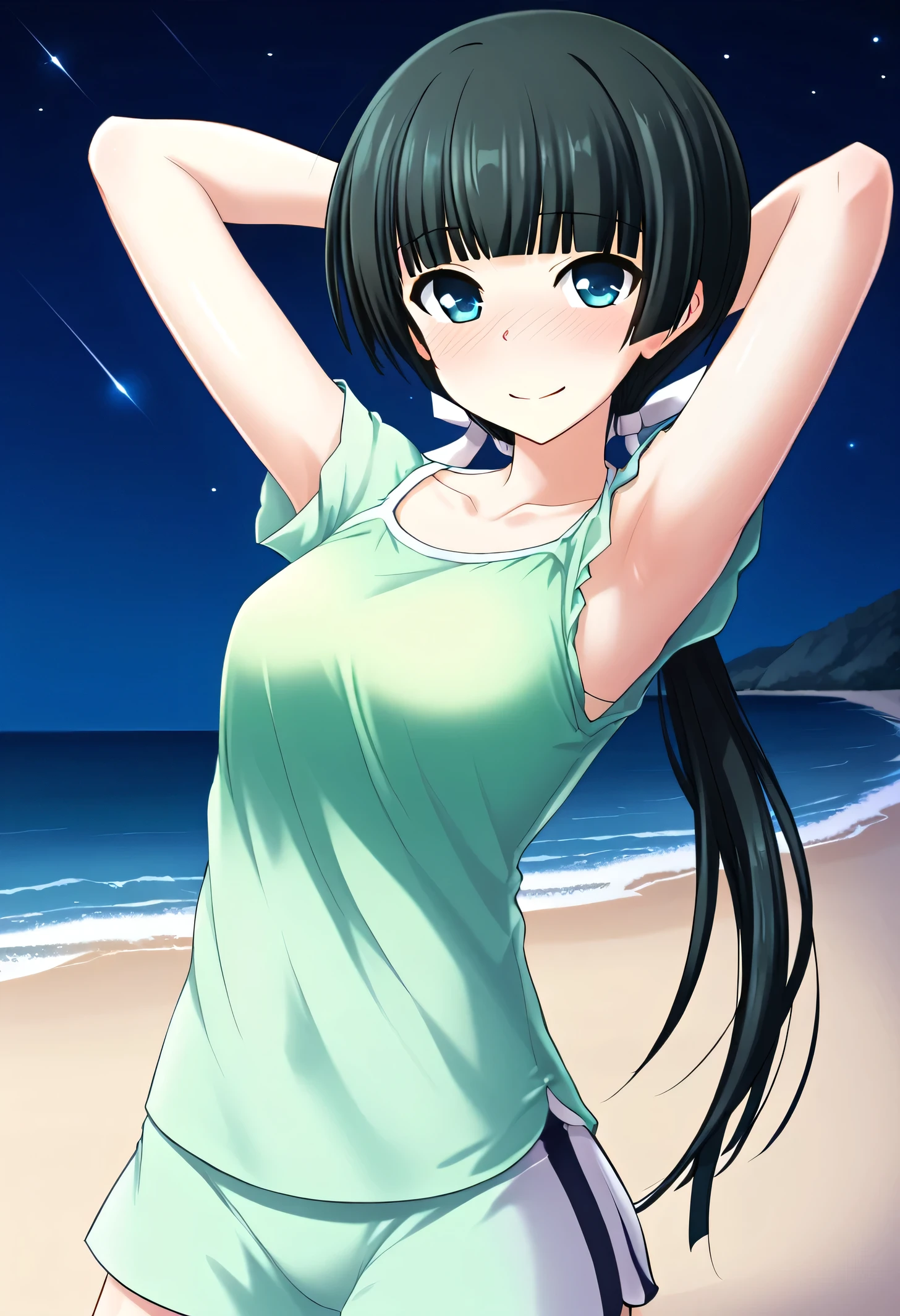 Mayuzumi Yukie, black hair, blunt bangs, long hair, low twintails, blue eyes , short sleeves, green top, green hot pants, high quality, solo, night sky, beach, arms behind head, contrapposto, closed mouth, spread armpits, (cowboy shot:1.5), looking at viewer, shy, light smile, best quality, blushing,