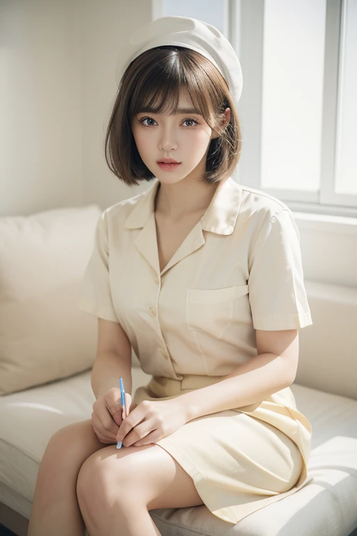 (masterpiece, best quality, realistic,photorealistic:1.5),
Photography,middle shot, Full body,clear, beautiful girl,short bangs hairstyle, in a light yellow nurse uniform, hat,holding big syringe, preparing for injection, the hospital, realistic,clean, calm atmosphere, shady, focused, bright light, Bokeh, UHR Realistic image
