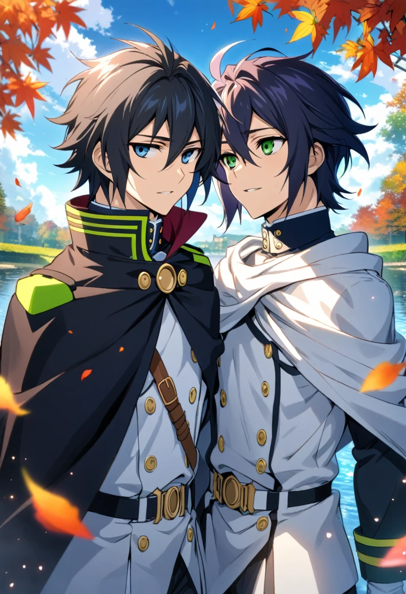Ultra detailed, highres, absurdres, HDR, Mika Hyakuya, blue eyes, wavy blond hair, Yuu Hyakuya, black hair, expressive green eyes, orange and yellow leaves, Owari No Seraph, flowers, petals, autumn, water, two man together, gay couple, handsome, cape, white gloves, white clothes, very detailed face and eyes,