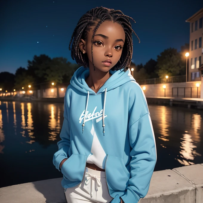 (masterpiece, best quality), deep ebony 1girl, beautiful face, short braids, river background, , nature background, cute, street clothing, beautify, Lofi vibe, cute night vibe, concentrated, hands outside of the picture, wearing a hoodie, light blue hoodie and white trousers, night sky, looking cool