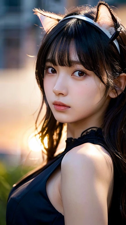 (highest quality,masterpiece:1.3,Ultra-high resolution),(Very detailed,Caustics,8k),(Realistic:1.4,RAW shooting),18-year-old,Japanese,A little sad look,Troubled face,Looking at the camera,Shiny skin, Slender body, Good figure,Rembrandt Lighting, (Photorealistic:1.2), (highest quality), (Detailed skin:1.3), (Intricate details), Ray Tracing,One girl, In detail,real,Detailed skin texture, Black Hair, Long Hair,Cat ears headband, (Wavy Hair:1.2), (Blunt bangs:1.2), cute, Black Dress,(Face Focus:1.1),(Face close-up:1.1),(Low position::1.3),(Low Angle::1.3),Rye field,Sunset