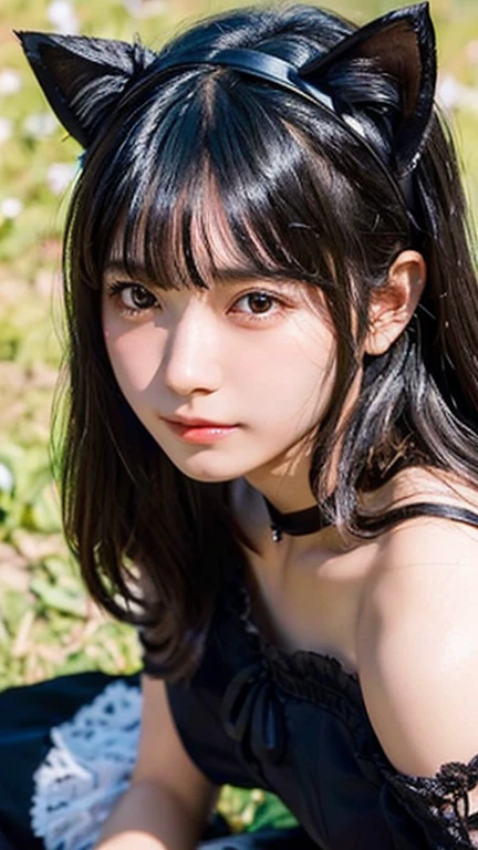 (highest quality,masterpiece:1.3,Ultra-high resolution),(Very detailed,Caustics,8k),(Realistic:1.4,RAW shooting),18-year-old,Japanese,A little sad look，Troubled face，Looking at the camera,Shiny skin, Slender body, Good figure,Rembrandt Lighting, (Photorealistic:1.2), (highest quality), (Detailed skin:1.3), (Intricate details), Ray Tracing,One girl, In detail,real，Detailed skin texture, Black Hair, Long Hair,Cat ears headband， (Wavy Hair:1.2), (Blunt bangs:1.2), cute, Black Dress,(Face Focus:1.1),(Face close-up:1.1),(Low position::1.3),(Low Angle::1.3),Rye field，Sunset